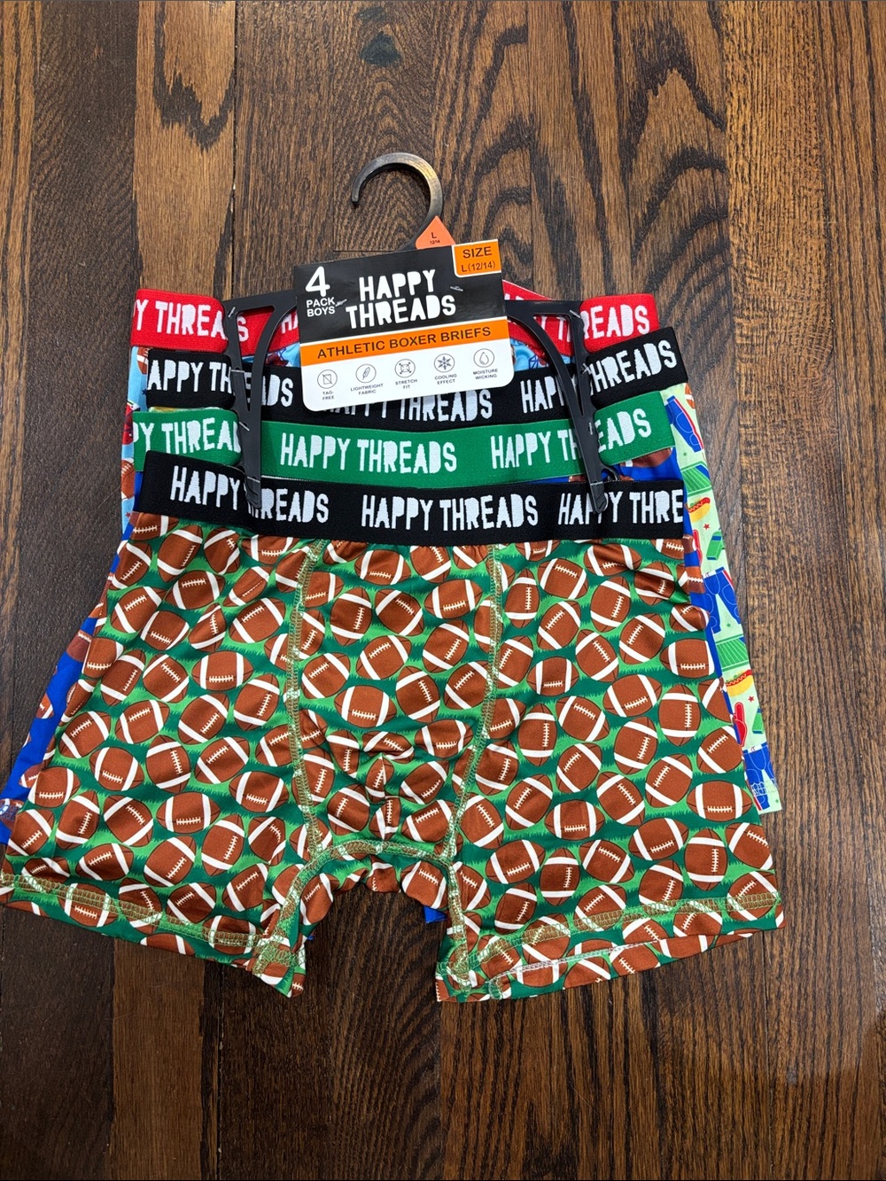 Happy Threads Boys' Football Print Boxer Briefs - 4 Pack size 12/14